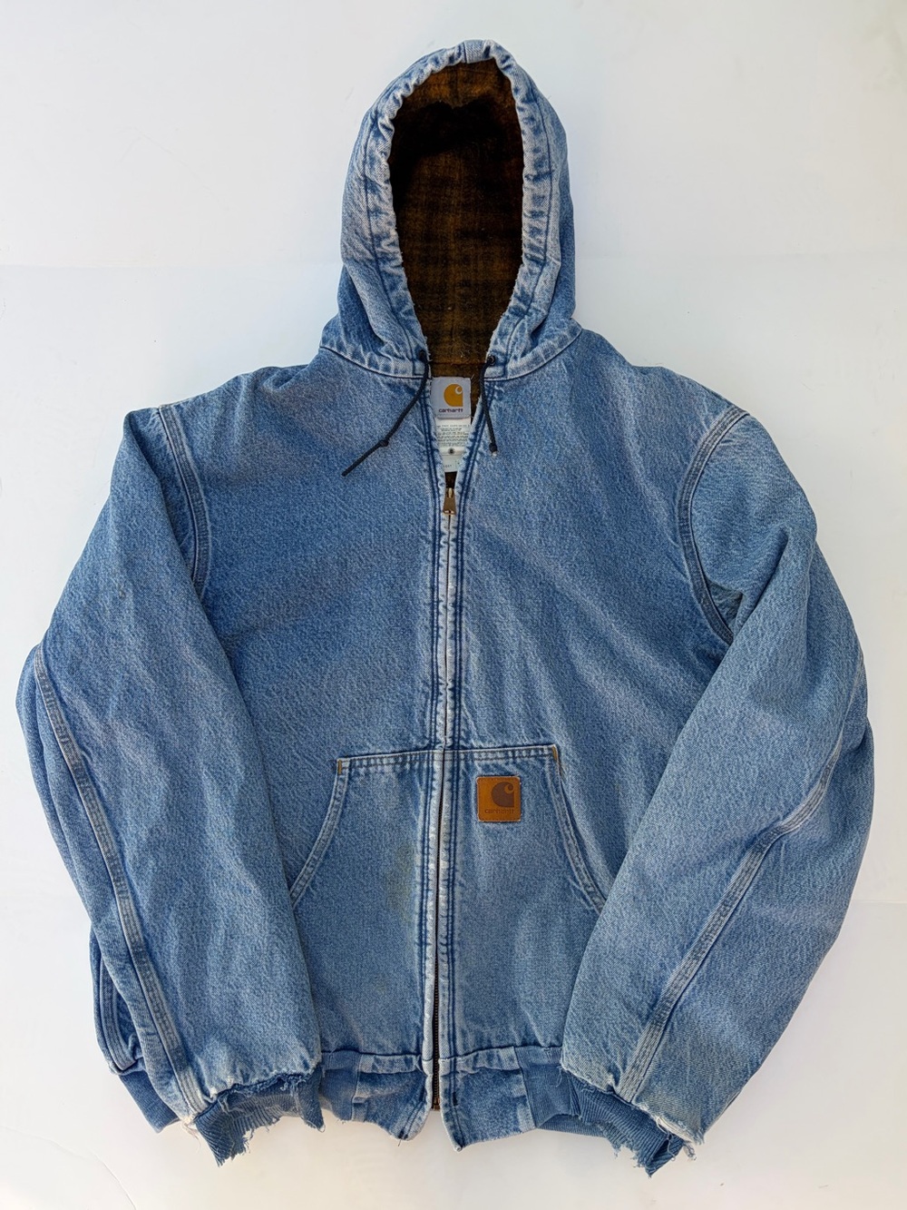 VTG 2002 Carhartt J08 DST Denim Hooded Jacket XL Tall Distressed Thrashed Faded